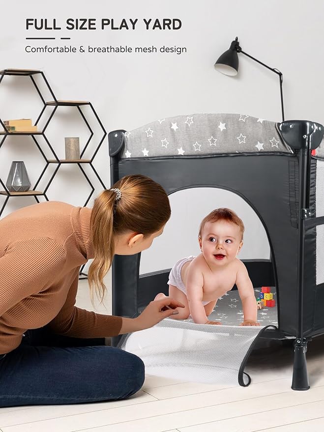 Bedside Bassinet for Baby, Portable Baby Crib with Mosquito Net, Mattress, Diaper Changer, Playpen for Newborn to Toddles, Pack and Play with Bassinet, 5 in 1 Bedside Crib