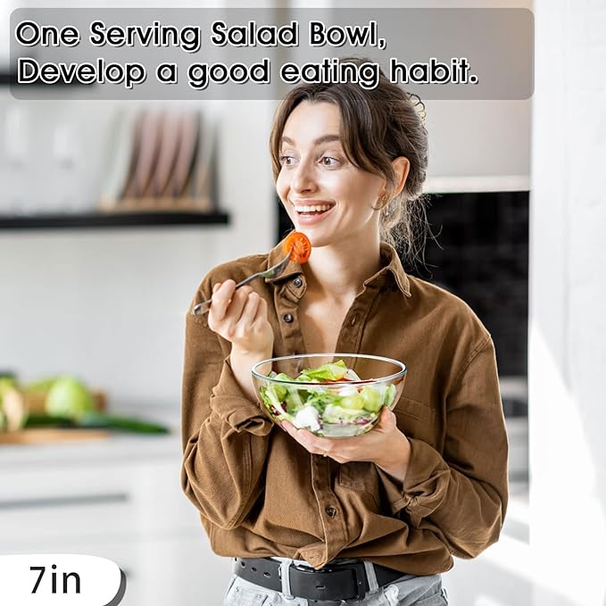 NUTRIUPS 7 Inch Medium Glass Prep Bowls, 37oz Glass Bowl Set, Clear Tempered Glass Salad Bowls for Kitchen Microwave and Oven Safe