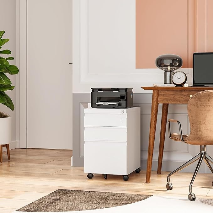 3 Drawer File Cabinet with Lock,Mobile Filing Cabinets,Metal Small Rolling File Cabinet,Under Desk Office Drawers for Legal/Letter/A4 File, Assembly Required,White