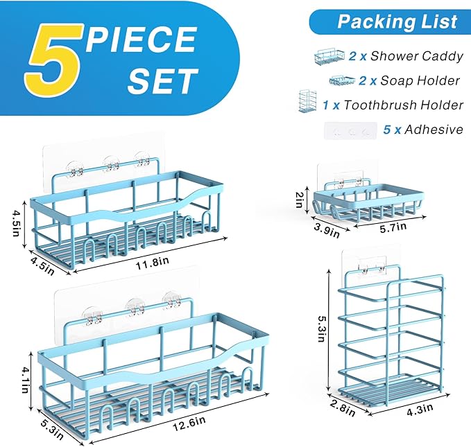 5-Pack Rustproof Stainless Steel Shower Caddy – No Drill Adhesive Bathroom Organizer with Large Capacity, Spacious Shower Shelves for Inside Shower, Kitchen & Home Decor Storage-XL Size