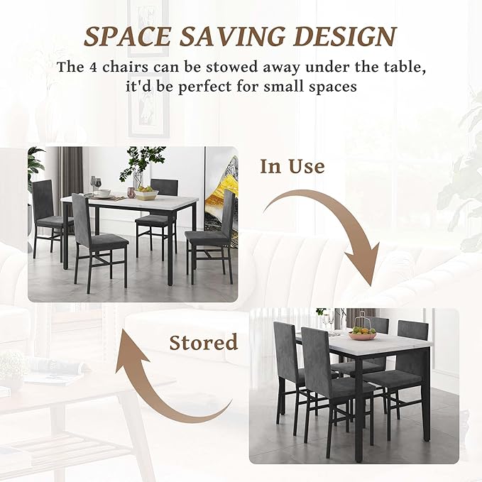 Dining Table Set for 4, 47.2" Faux Marble Kitchen Table Set with 4 Upholstered Velvet Chairs, Dinette Table Set for Dining Room, Kitchen, Breakfast Corner (Gray)