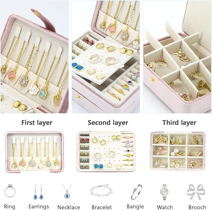 KOOAAICCHI Small Jewelry Box, Travel Jewelry Organizer, Portable Jewelry boxes for Women Girls Gift, Double Layers PU Leather Jewelry Holder for Rings, Earrings, Necklaces-Velvet Pink