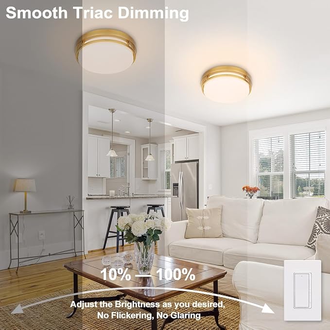 2Pack LED Flush Mount Ceiling Light Fixture 13" 20W, 3000/4000/5000K Color Selectable, Dimmable Ceiling Lamp for Kitchen, Hallway, Stairwell, Gold, ETL