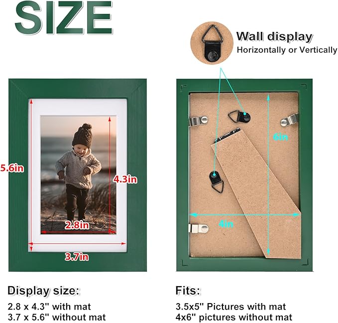 KINLINK 4x6 Picture Frames Green Wood Frames with Acrylic Plexiglass for 3.5x5 with Mat or 4x6 without Mat, Tabletop and Wall Mounting Display, Set of 4