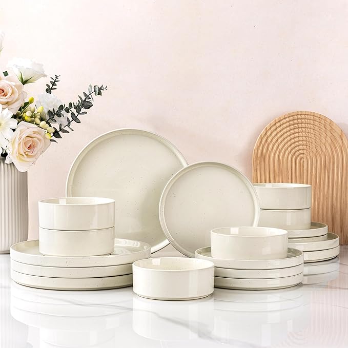 GBHOME Dinnerware Set for 8, 24 Piece Speckled Plates and Bowls Set with Glazed Bottom, Chip and Scratch Resistant Stoneware Plates Sets, Dishwasher & Microwave Safe Dishes, Light Beige