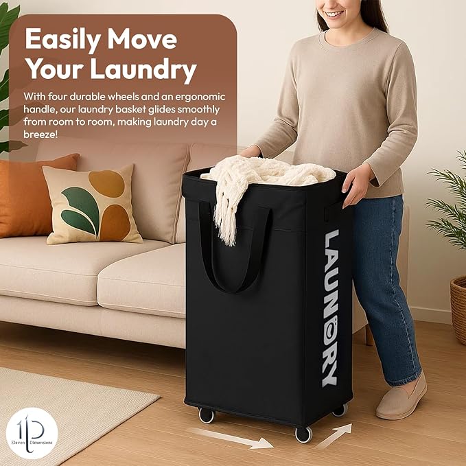 75L Rolling Laundry Basket with Wheels – Large Black Clothes Hamper with Removable Washable Mesh Bag, 600D Oxford Fabric,Lockable Wheels & Standing Rods for Upright Stability in Bedroom & Laundry Room