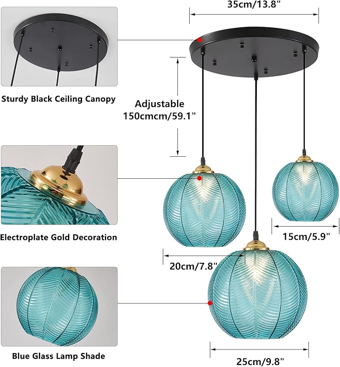 KCO Lighting Modern 3-Light Blue Striped Glass Pendant Light Fixture Nordic Glass Ball Cluster Chandelier Vintage Large Globe Pendant Lighting Mid-Century Black Island Light for Kitchen