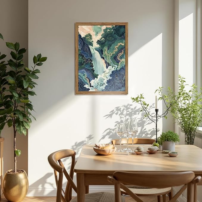 Framed Japanese Waterfall Canvas Wall Art, Abstract Landscape Wall Decor Paintings, Blue Green Nature Mountain Pictures Prints Zen Aesthetics Home Decor for Living Room Bedroom Bathroom 16x24 inch