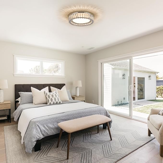 Crystal Chrome Flush Mount Ceiling Light,LED Dimmable 5CCT 3000K-6000K Lighting Fixtures Modern Round 36W Chandelier for Kitchen Entryway Bedroom Dining Room 15 Inch