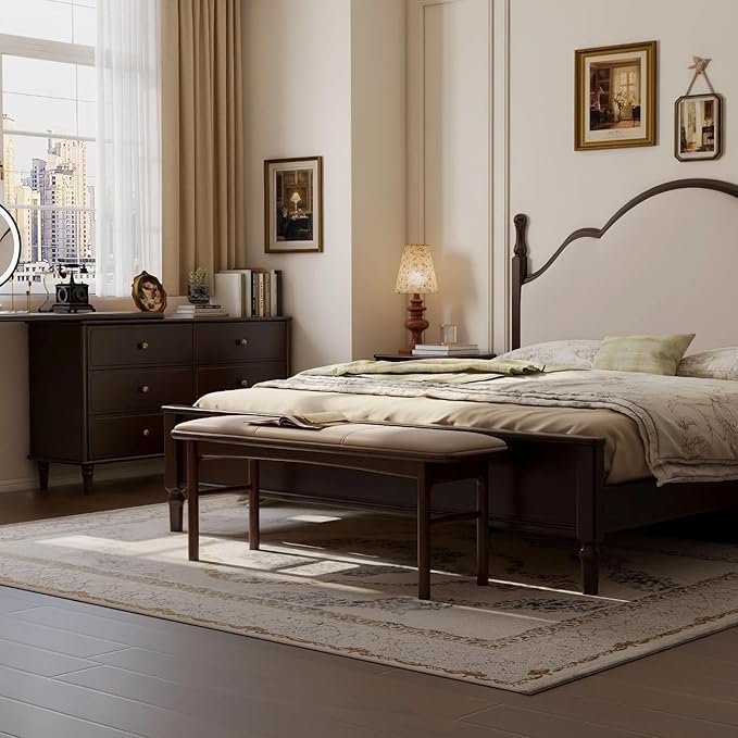 47.2'' Leather Upholstered Dining Bench with 100% Solid Oak Wood Bench Frame, Padded Bed End Bench Ottoman for Kitchen Living Room Bedroom Entryway, Champagne