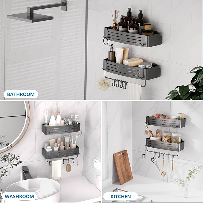 Onemake Shower Caddies Suction Cup, 2-Pack Removable Bathroom Shelf, Shower Organizer with 12 Portable Hooks, Shower Caddy Corner Waterproof Holder with Towel Bar, Gray