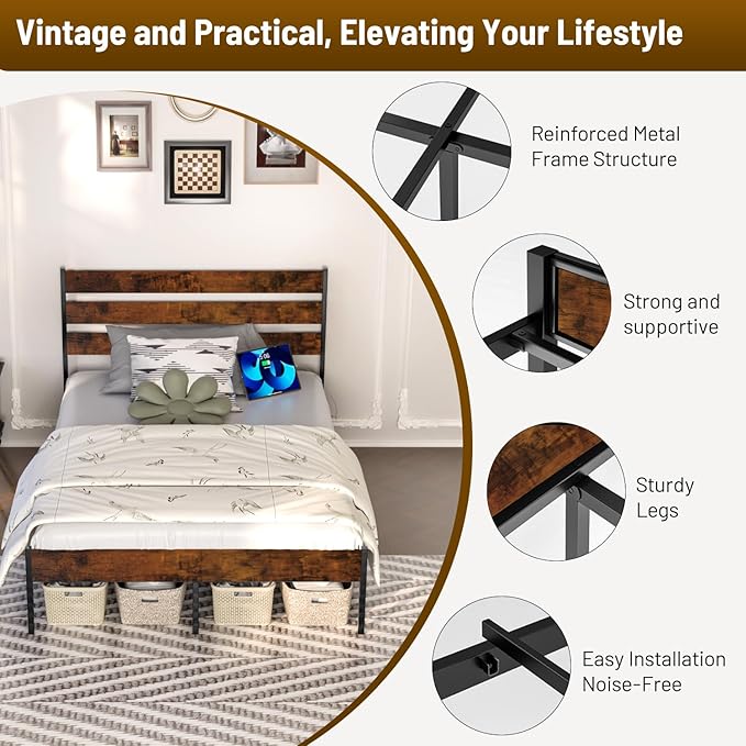 Full Size Bed Frame with Headboard,Heavy Duty LED Bed Frame with USB Charging Station,Mattress Foundation-Under Bed Storage, No Box Spring Needed, Noise Free,Brown