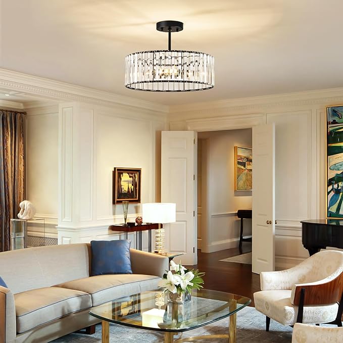 Crystal Black Ceiling Light, Modern Semi Flush Mount Ceiling Lighting Fixture, Round Hallway Lighting Fixtures Chandelier for Kitchen Entryway Bedroom Dining Room, 3-Light, 15.7 Inch