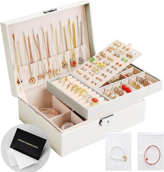 Jewelry Box Organizer for Women Girls 2 Layer Leather Travel Jewelry Storage Case with Lock and Removable Tray for Necklace Earrings Rings Bracelets Gift, Come with Polishing Cloth and Jewelry Bags