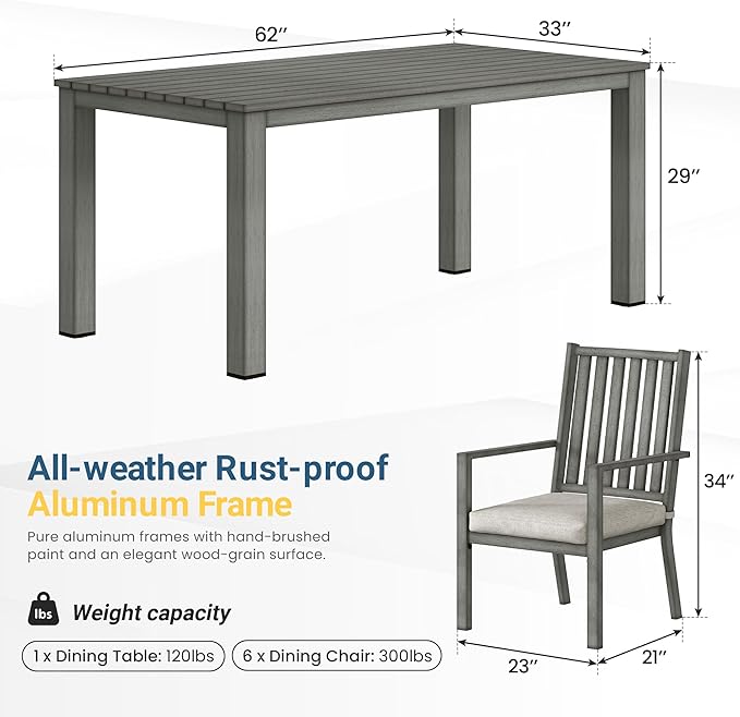 Wisteria Lane Aluminum 7 Pieces Patio Dining Sets, Outdoor Dining Table with 6 Chairs, Outdoor Patio Dining Furniture Set with Removable Cushion for Lawn, Garden, Backyard, Gray