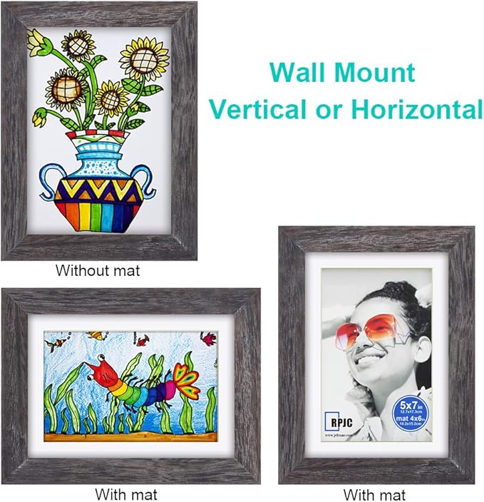 RPJC 5x7 inch Picture Frame Made of Solid Wood and High Definition Glass Display Pictures 4x6 with Mat or 5x7 Without Mat for Wall Mounting Photo Frame Driftwood Finish
