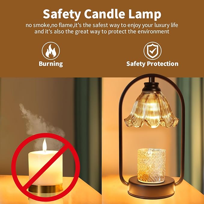 Candle Warmer Lamp with Timer: Black Metal Frame and 4 Dimmer, Heater Wax Warmer for Jar Scented, Home Décor and Housewarming & Birthday Gift for Mom Woman, 2 Bulbs (Crystal Flower & Gray)