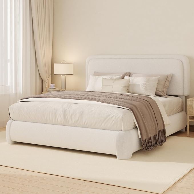 Queen Boucle Platform Bed Frame with Height Adjustable Headboard, Modern Upholstered Cloud Bed, Sleek Curved Design, No Box Spring Needed, Easy Assembly, Noise Free, White