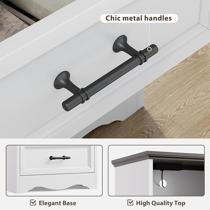 Farmhouse Nightstand with Charging Station, End Table with 2 Drawers Storage, Space-Saving Wood Storage Cabinet with Unique Base Design, Bedside Table for Bedroom, Living Room, White