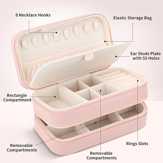 DesignSter Small Travel Jewelry Box with Double Zipper, 2 Layers PU Portable Jewelry Case for Women and Girls,Travel Jewelry Organizer for Rings, Earrings, Necklaces, Bracelets,Pink