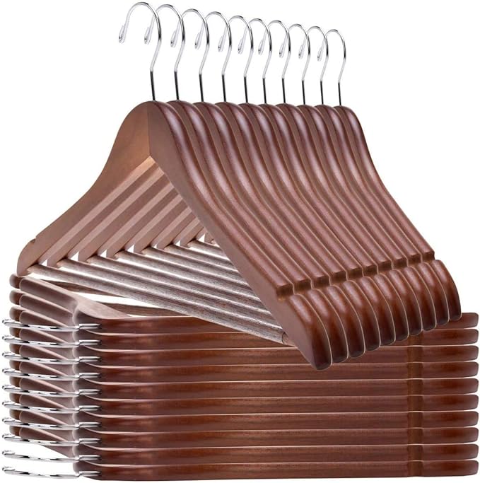 Quality Wooden Hangers - Slightly Curved Hanger 30-Pack Sets - Solid Wood Coat Hangers with Stylish Chrome Hooks - Heavy-Duty Clothes, Jacket, Shirt, Pants, Suit Hangers (Walnut - Chrome Hook, 30)
