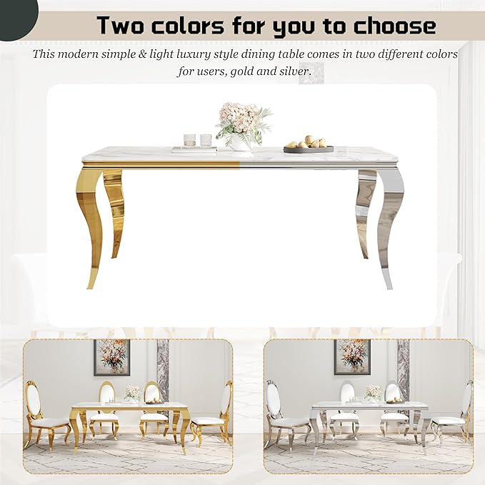 7-Piece Dining Table Set for 6, Faux Marble Modern Dining Table Set with 6 Big Oval Backrest Chairs, 70“ Stainless Steel Legs Table & Chair Set for Kitchen, Dining Room, White & Gold
