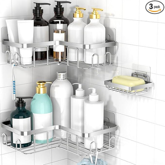 Moforoco Corner Shower Caddy Shelf Organizer Rack, Self Adhesive Black Bathroom Shelves Basket, Home Farmhouse Wall Inside Organization and Storage Decor Rv Accessories, Apartment Essentials