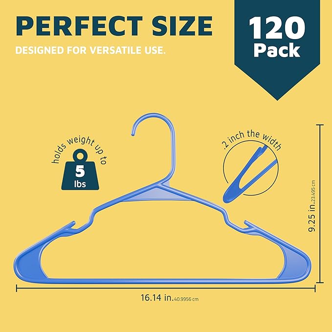 Plastic Clothes Hangers – Heavy Duty Hanger Set, for Organizing Clothes, Dresses, and Coat, Holds Up to 5 lbs, Space-Saving Hangers with Non-Slip Shoulder Grooves, Pack of 120, Blue