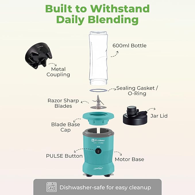 Koblenz Mix&Shake Blender, 20 oz Portable Blender, 600W Motor, Pulse, ON/OFF Functions, Stainless Steel Blades, Shakes, Sauces, Smoothie Maker, (1) 20 oz To-Go Bottle, Green, MSKM-600 V