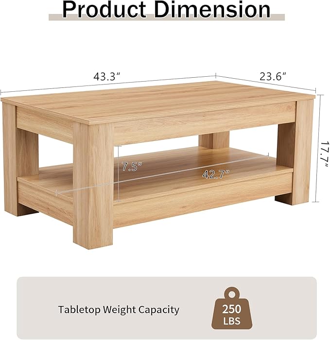43.3" Coffee Table with Storage, 2-Tier Mid Century Rectangular Accent Table with Thick Tabletop, Rustic Style Cocktail, Center Table for Living Room, Office, Apartment (Natural Wood)