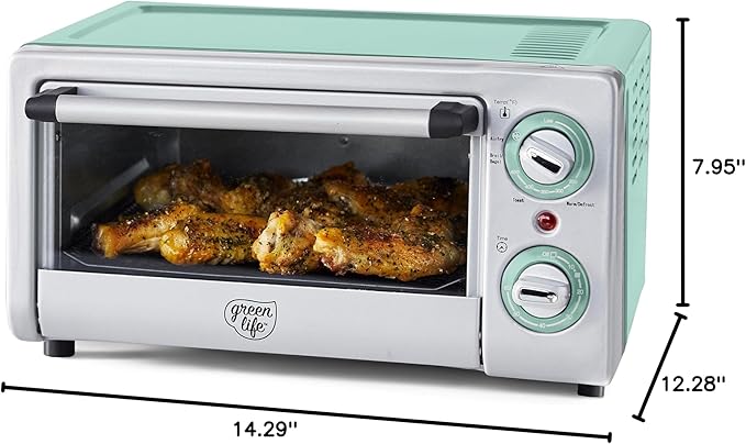 GreenLife Countertop Toaster Oven Air Fryer Stainless Steel, Healthy Ceramic Nonstick, PFAS and PFOA-Free, Tray & Basket, Bake, Broil, Reheat, Adjustable Temp & Time Control, Auto Shutoff, Turquoise