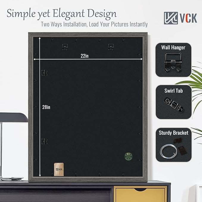 VCK 22x28 Poster Frame Set of 4 - Grey, Gallery-Quality Wood Picture Frames, 1.1-Inch Wide Border, Polished Plexiglass, Vertical or Horizontal Wall Display for Photo/Art/Prints, Grey