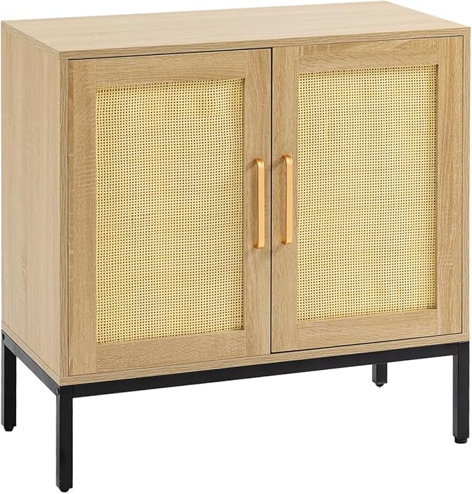 Buffet Cabinet with Storage, Storage Cabinet with Rattan Decor Doors, Accent Sideboard Bufft with Solid Wooden Feet, for Living Room, Hallway, Kitchen, Buffet Table