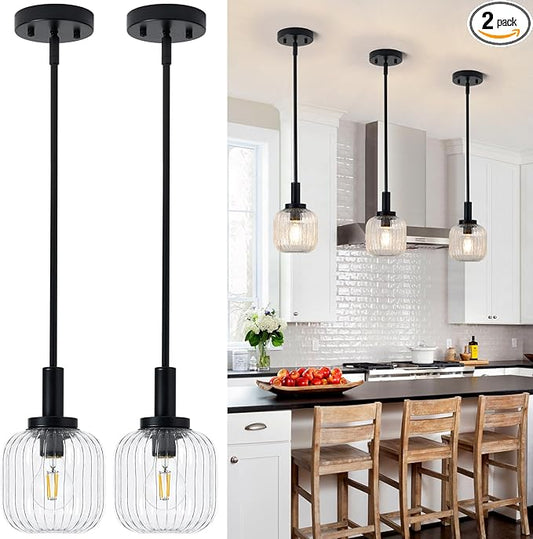 Glass Pendant Lights Kitchen Island 2 Pack, 5.9" Black Modern Pendant Light with Clear Glass and Rods, Mini Hanging Lighting for Kitchen Sink Bathroom Bedroom, OS-YQ7749-2PBK