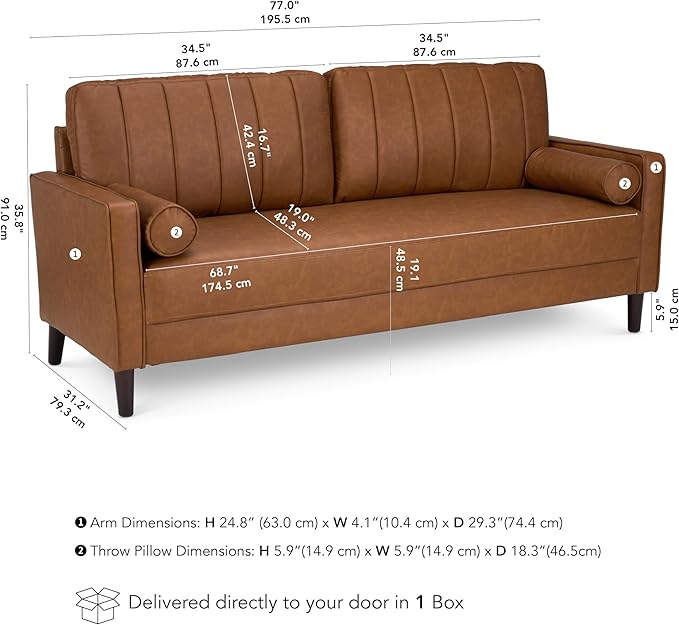 Bush Home 77-inch Sofa, Living Room Furniture, Max Collection, Buffed Camel Vegan Leather