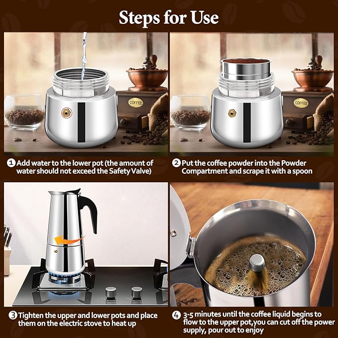 4 Cup Moka Pot Percolator Italian Coffee Maker 200ml Stovetop Espresso Mocha Stainless Steel Greca Coffee Maker Classic Cafe Makers Suitable for Induction Cookers Ceramic Stoves Straight