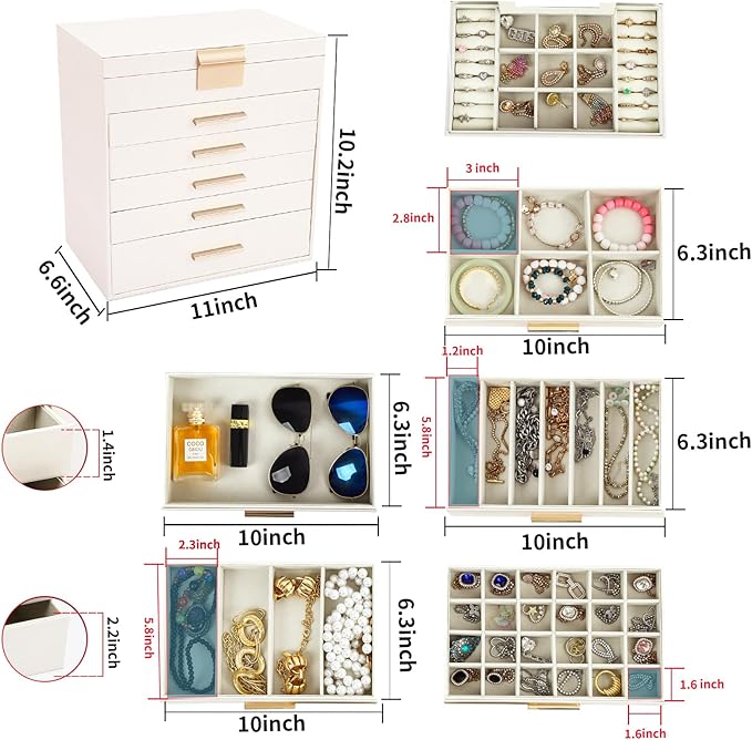 BOOVO Jewelry Box for Women, Gold 6 Layer Large Jewelry Organizer with Glass Lid for Necklace, Bracelet, Earrings, Rings Storage, Jewelry Organizers and Storage for Girls Gift (Champagne, 6 layer)