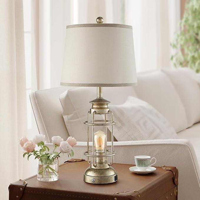 28.5" Retro Industrial Table Lamp for Living Room Bedroom Set of 2 Dimmable Touch Control Bedside Farmhouse Lamps with USB A+C Charging Ports and 2 Light Sources