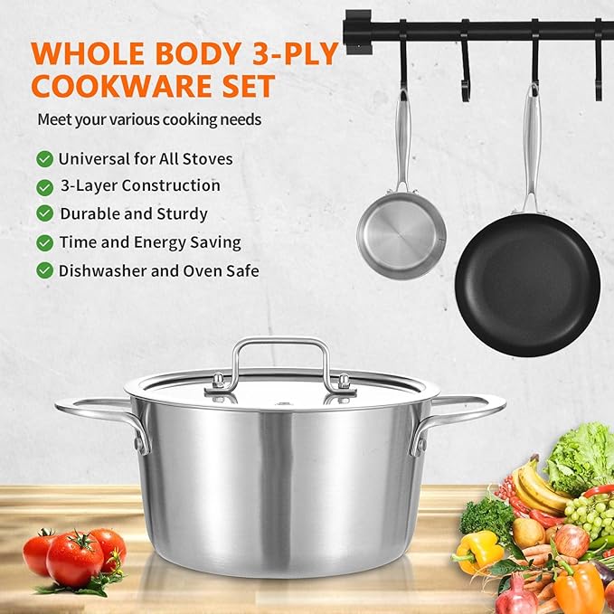 LOLYKITCH Tri-Ply Stainless Steel 5 QT Stock Pot with Lid, Induction Cooking Pot,Soup Pot,Compatible with All Stoves,Oven and Dishwasher safe.