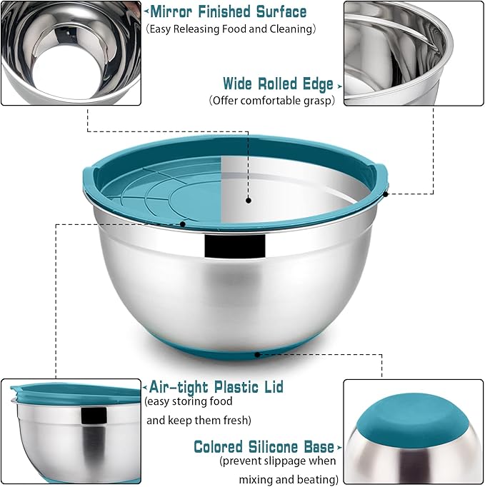 P&P CHEF Mixing Bowls with Lids Set of 5, Stainless Steel Nesting Salad Bowl with Lid & Base for Non-slip Mixing Prepping Storing Serving, 5 Sizes-7/3.5/2.5/1.5/1 QT, Blue