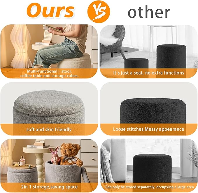 Round Ottoman with Storage Set of 2-Upholstered Sherpa Vanity Stool for MakeupMultifunctional Ottomans Coffee Table Padded Seat Foot Rest for LivingRoom&Bedroom(Sherpa Gray)