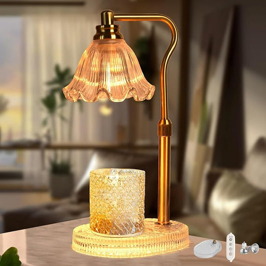 Candle Warmer Lamp with Timer: Adjustable Height and 4 Dimmer, Crystal Glass Base, Heater Wax Warmer for Jar Scented, Home Décor and Housewarming & Birthday Gift for Mom Woman, 2 Bulbs (White Flower)