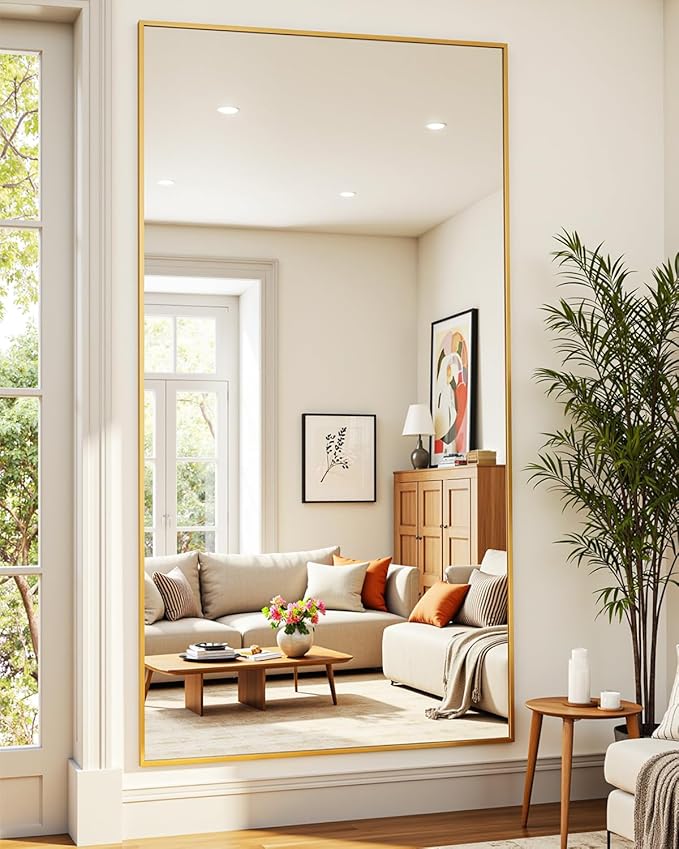 Suidia Full Length Mirror, 76"x34" Floor Standing Mirror Freestanding, Full Body Mirrors with Stand for Bedroom, Hanging Mounted for Living Room Cloakroom, Gold, Rectangular Style