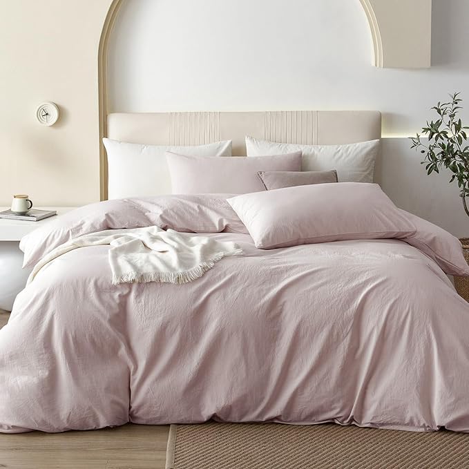 JIYUAN 100% Washed Cotton Duvet Cover Set 3 Pieces Queen, 1 Duvet Cover 90x90 Inches (Comforter Not Included) and 2 Pillowcases,Linen Feel Bedding Set Comfy and Breathable, Heathered Greyish Pink