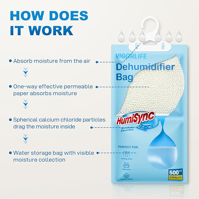 Moisture Absorbers Packets 9.8 OZ, Hanging Closet Dehumidifier Bags, Portable Humidity Absorber in Wardrobes, Bathrooms, Closet, Bedrooms, Attract and Trap Excess Moisture, Desiccant 10 Pack (Blue)