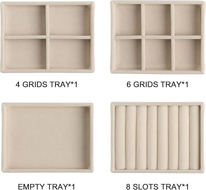 Frebeauty Small Jewelry Tray Set,Stackable Velvet Jewelry Organizer Tray,Mini Jewelry Drawer Organizer,Drawer Inserts,4.92 x 3.74 x 0.9 Inches,Earring Organizer for Women(Set 4,Beige)