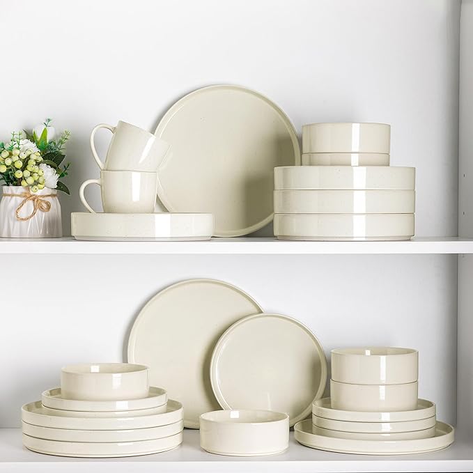 GBHOME Dinnerware Set for 8, 24 Piece Speckled Plates and Bowls Set with Glazed Bottom, Chip and Scratch Resistant Stoneware Plates Sets, Dishwasher & Microwave Safe Dishes, Light Beige