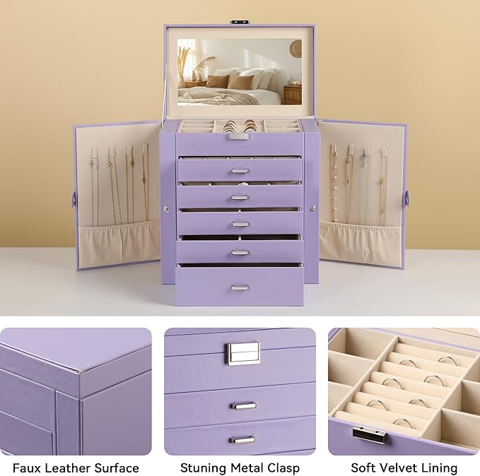 Frebeauty Large Jewelry Box,6-Tier PU Leather Jewelry Organizer,Multi-functional Storage Case with Mirror,Accessories Holder with 5 Drawers for Necklace Bracelets Watches（Purple）