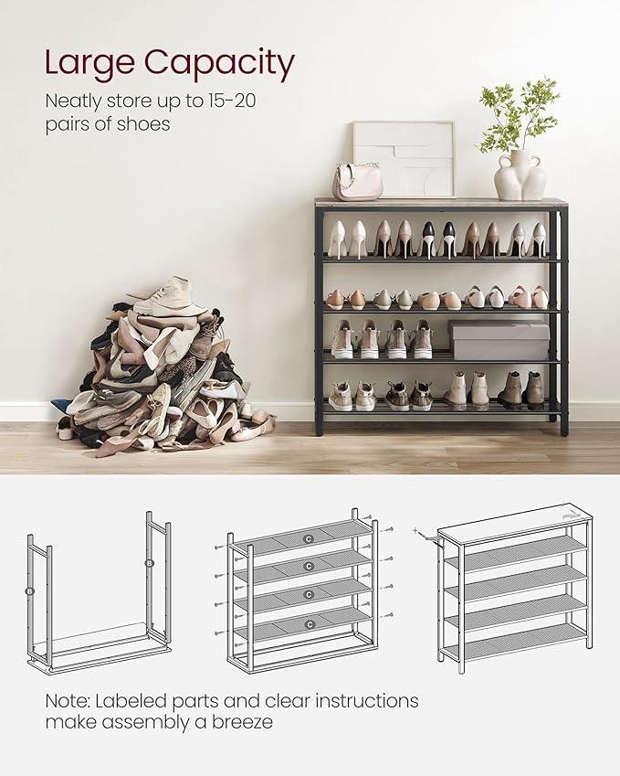 VASAGLE INDESTIC Shoe Rack, Organizer for Closet with 4 Mesh Shelves and Large Top for Bags, Entryway Hallway Shelf, Steel Frame, Industrial, Greige and Black ULBS015B02, 11.8 x 39.4 x 36.4 Inches
