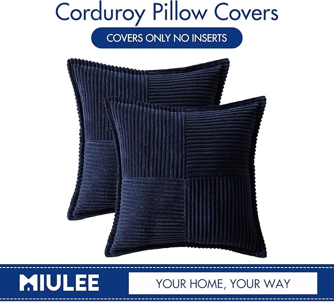 MIULEE Decorative Throw Pillow Covers for Couch Bed Livingroom 20x20 Inch Set of 2 Navy Blue Boho Accent Throw Pllows Broadside Striped Patchwork Soft Corduroy Summer Coastal Pillowcases